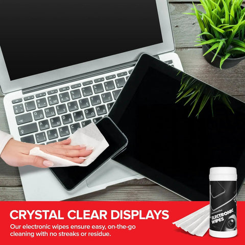Hand using Streak-Free Electronic Screen Cleaning Wipes 80 Count 2 Pack For TVs And Devices on smartphone and tablet.