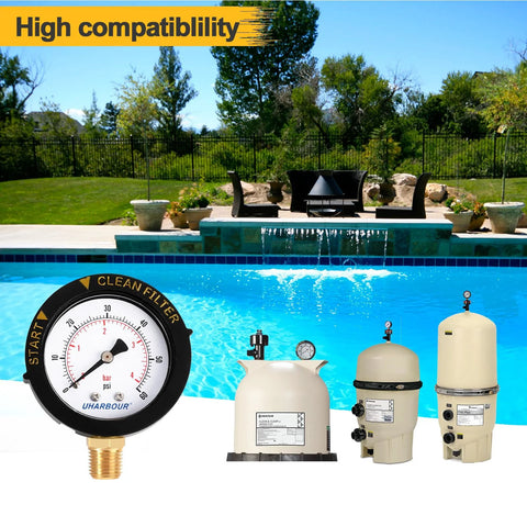 UHARBOUR pool filter gauge and three beige tanks, 60 psi, 1/4 in NPT bottom mount, black bezel