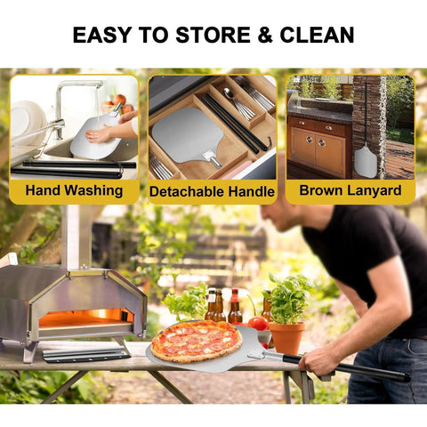 Heavy Duty Aluminum Pizza Peel With Extra Long Handle For Home And Commercial Ovens From 38 And A Half Inches To 49 Inches Painted Handle Includes Cutter Rocker Turning Tool Kit Joyfair shown with detachable handle, hand washing, and brown lanyard in kitchen setting.