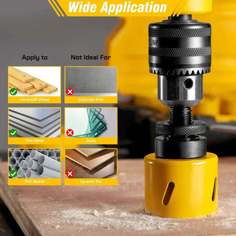 Bi Metal Hole Saw Kit 19 Piece Set M42 Steel With Holes From Three Quarters Inch To Four And Three Quarters Inches Includes Mandrels Drill Bits Case For Metal Wood Drywall Pro Grade Heavy Duty In One Case showing wide application