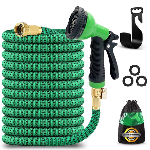 J&B XpandaHose 75ft expandable garden hose, green with brass 3/4" connectors, 10-pattern nozzle and storage bag.