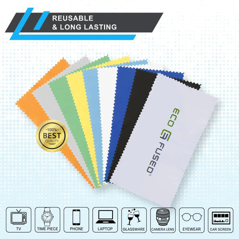 Colorful microfiber cleaning cloth pack 5.5x3 lens wipes for glasses, cameras, and phones.