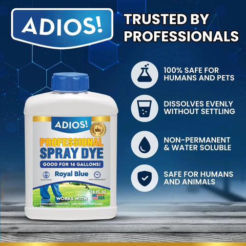 Professional Blue Spray Dye Marker For Lawn Care Makes 16 Gallons From One 8oz Bottle Super Concentrated Indicator To Soak Your Turf With Bright Easy To See Color Safe For Mixing And Spraying On Grass bottle with label.