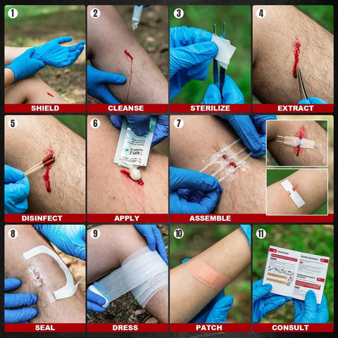 Step-by-step use of No Stitch Wound Closure Kit With Three Types Butterfly Bandages Zip And Nonwoven Bandages Dumbbell Bandages And Triple Antibiotic Ointment
