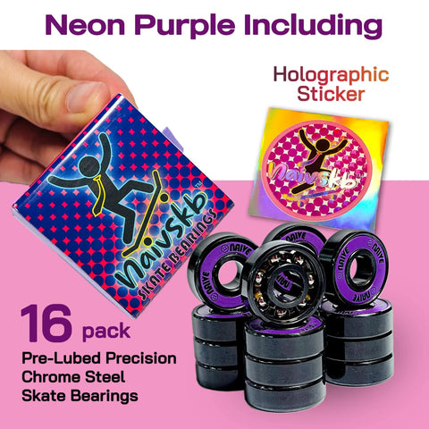 Naivskb skate bearings 8mm 16-pack 608 neon purple chrome steel pre-lubed