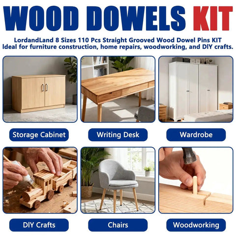 Fluted Wood Dowels Kit Pack Of 110 for Furniture Woodworking and DIY Projects shown in various furniture and craft settings