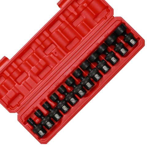 Shallow Impact Universal Joint Swivel Socket Set Three Eighths Inch Drive SAE Fractional Range From Five Sixteenths To One Inch Twelve Piece Chrome Molybdenum Steel With Flexible Wobble Heads Rugged Pro Grade Build in red case