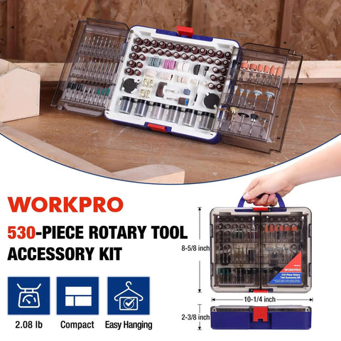 All In One 530 Piece Rotary Tool Accessory Kit For Cutting Grinding Sanding Polishing Cleaning Drilling Carving And Engraving From WORKPRO with diamond wheel, sanding discs, and cut off wheels visible in open storage case with dimensions displayed.