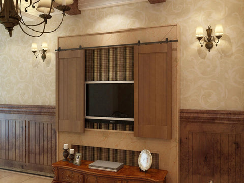 72 Inch Mini Barn Door Hardware Kit For Double Cabinet Doors Top Mount Design Oil Rubbed Bronze Finish showing mounted doors
