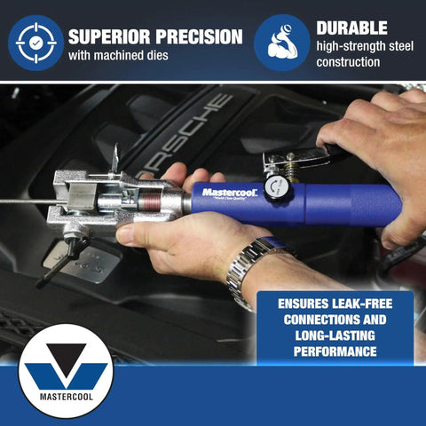 Universal Hydraulic Flaring Tool For 45 Degree Flares With Push Connect GM Lines in use with blue handle on automotive line