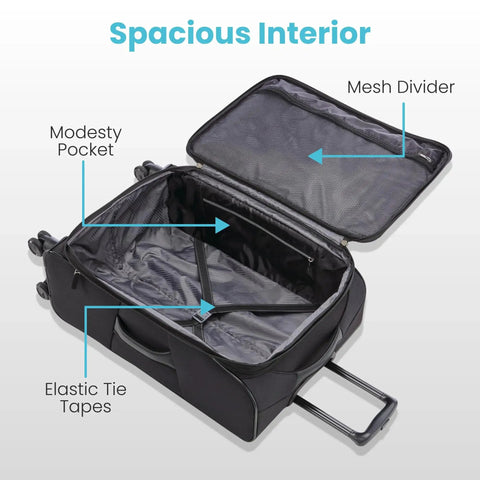 Open view of Lightweight 20 Inch Spinner Carry On Luggage For Quick Getaways, 4 KIX 2.0 Expandable Softside showing interior mesh divider and pockets.