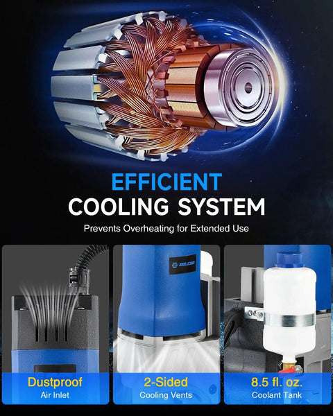 Efficient cooling system with motor, dustproof air inlet, 2-sided cooling vents, and 8.5 fl. oz. coolant tank for extended use.