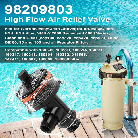 High-flow manual air relief valve for pool and spa filters, black valve beside beige filter canister.