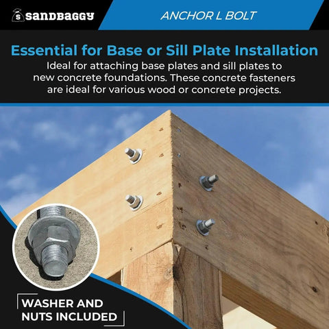 Installed Half Inch By Ten Inch Threaded Concrete Anchor L Bolts With Nuts And Washers, hot dipped galvanized, on wood structure.