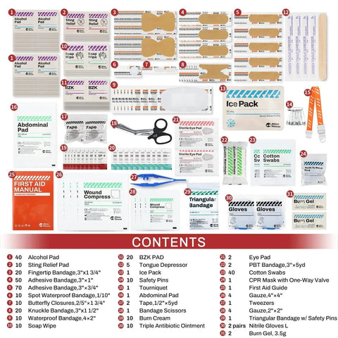 All Purpose First Aid Kit With 371 Pieces for Home Office School and Workplace Emergency Medical Supplies by Rhino Rescue including bandages, gauze, burn gel, and cold pack layout.