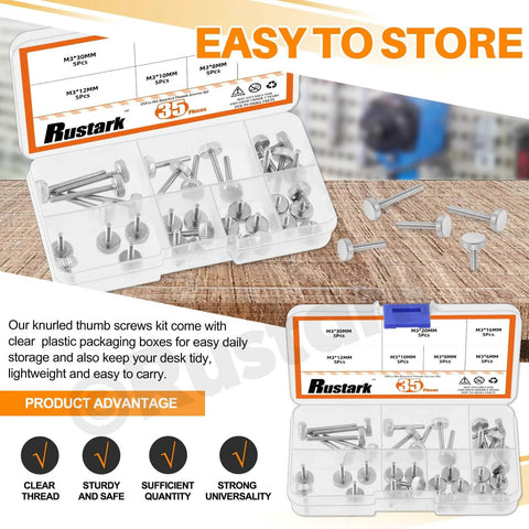 35Pcs M3 Nickel Plated Knurled Thumb Screws Set In 7 Sizes, clear box packaging, fully threaded flat head grip knobs