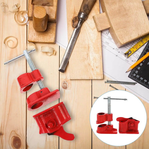Lightweight 1/2 Inch Quick Release Pipe Clamp for Woodworking and Wood Gluing, red finish, shown on a wooden workshop bench.