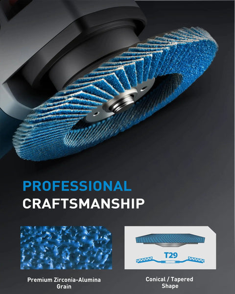 Close-up of a 20 Pack 4.5 Inch Abrasive Flap Discs for Angle Grinder with 40 60 80 120 Grits High Density Zirconia Bevel Type Sanding Discs.