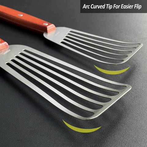 2 Pack Fish Spatula Turner Set Stainless Steel Slotted Spatulas For Flipping Turning Frying And Grilling with wood handle close-up