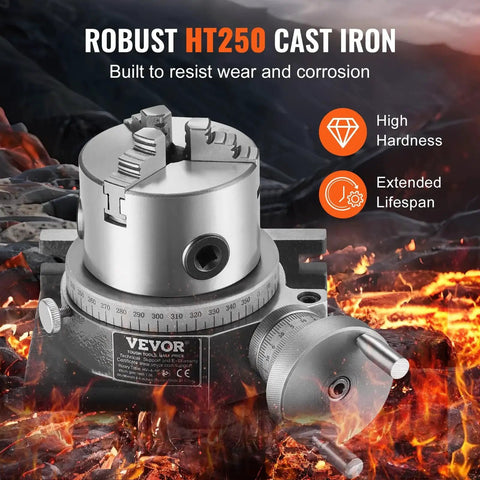 4 Inch Milling Rotary Table For Milling Machines Horizontal And Vertical Precision Indexing With 3 Jaw Chuck 80 Mm M10 T Bolts Nuts Includes 3.1 Inch Clamping Range For Small Shop Wood And Metal Workpieces. Close-up view with HT250 cast iron detail.