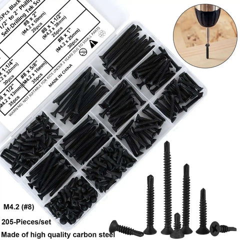 205 Pieces Black Flat Head Self Drilling Screws Set For Metal And Woodworking Phillips Drive Countersunk Self Tapping TEK Screws Sheet Metal Deck Screws Drill Point 8 Gauge To Two Inch Carbon Steel in box with close-up of screw being drilled into wood