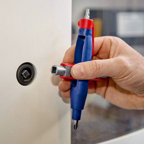 Using Pen Style Control Cabinet Key with swivel four profile heads for shutoffs in building system installations.