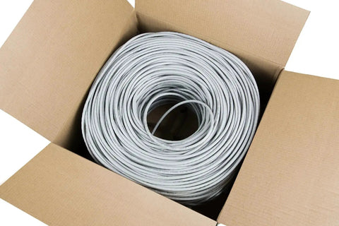 Open box showing Dope 500 Foot Cat6 Bulk Ethernet Cable 23 AWG CCA UTP Indoor Network Cable Gray for Fast LAN Setup Pull Box Spool.
