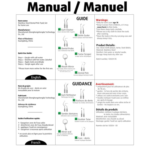 Instruction manual for Pro At Home Dental Tools Set with diagrams and warnings in English and French.