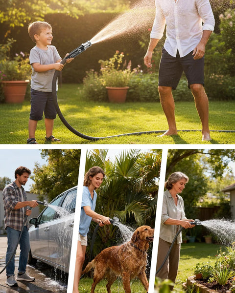 Garden hose 50ft by Amazon, black ultra-light kink-free hose shown in four outdoor use scenes.