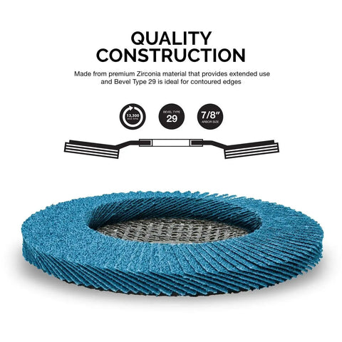 Zirconia Flap Discs For Four And A Half Inch Angle Grinder 60 Grit T29 Angled Flapper Wheel Seven Eighth Inch Arbor Ten Pack For Wood And Metal Sanding By Neiko Durable High Temp Grinding Discs, showing angled view of a flap disc with blue flaps and labeled construction details.