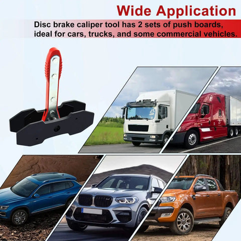 JoyFans brake caliper compression tool with red handle and black base, includes 4 spreader plates.