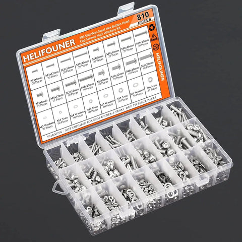 Premium 810 Piece Stainless Steel Socket Cap Screw Kit For M3 M4 M5 M6 With Nuts And Flat Washers Including Hex Wrenches 304 Grade Corrosion Resistant Fasteners For DIY Projects And Mechanical Repairs From HELIFOUNER in plastic case