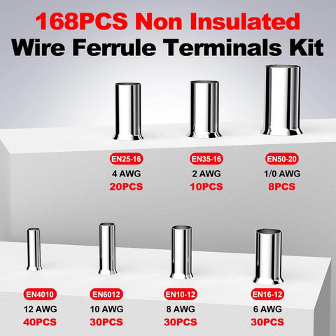 Image showing 168 Piece Wire Ferrule Kit For AWG 12 To One Zero Copper Tinned Crimp Ferrule Connectors Non Insulated End Terminal Sleeves for Electrical Wiring