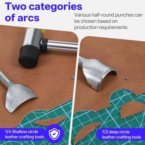 Close-up of 14 Size Leather Corner Punch Set with half round punches, rubber hammer, arc shaped leather cutter for DIY wallet and belt making.