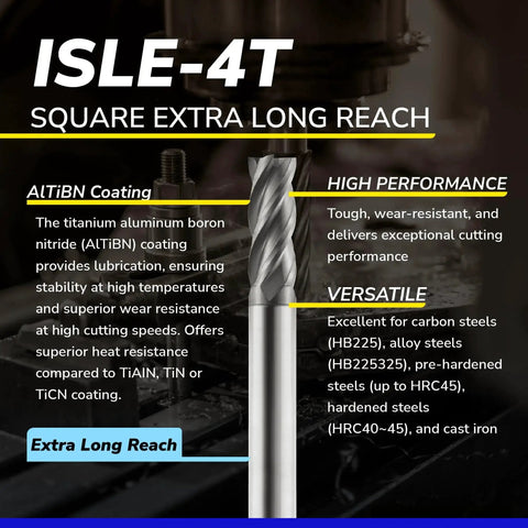 Micrograin Carbide Square End Mill With Extra Long Reach For DIYers And Pros Speed Tiger 4 Flute 5/16 Shank ISLE5/16 4T Ideal For Milling Alloy Steels Hardened Steel And Metal with ALTIBN coating for high performance.