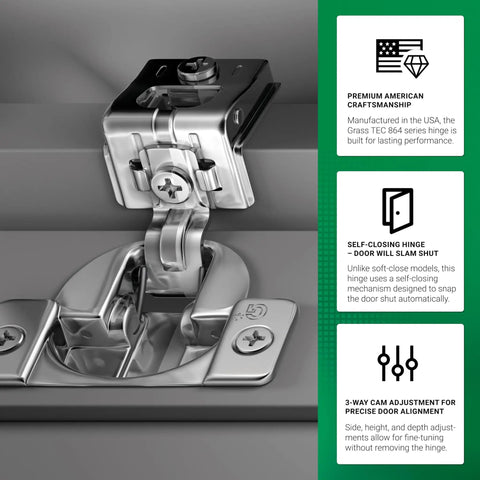 Premium USA Made 108 Degree 1-1/4 Inch Overlay Self Close Screw-On Compact Cabinet Hinge for Face Frame Cabinets 3-Way Adjustment 45mm Hole Pattern 10 Pack G04493-15 Grass TEC 864