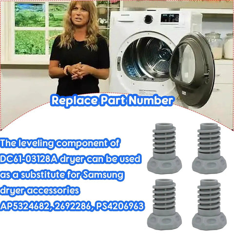 4 Pack Dryer Leveling Leg Feet Replacement For Front Load Dryers DV2 DV3 DV4 DV5 DVE Replace DC61-03128A shown with open dryer