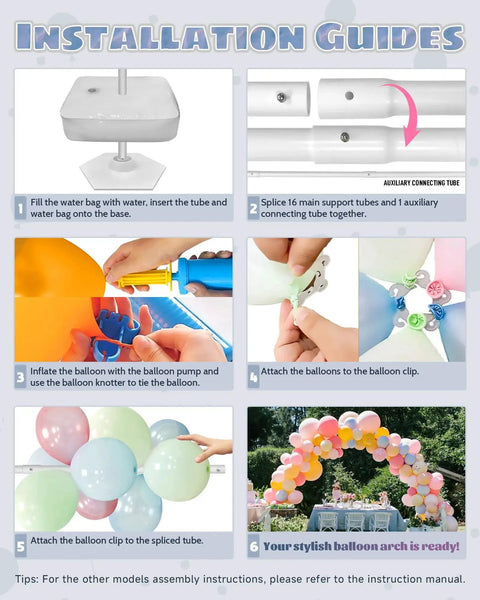 Installation guide for Six In One Balloon Arch Stand Kit With 10.8ft Adjustable Columns Party Backdrop showing step-by-step setup.