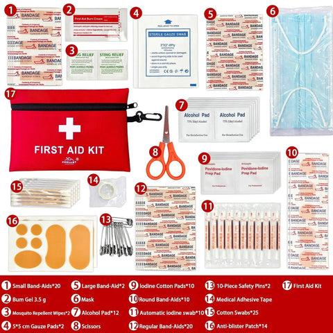 Grab and Go 152 Piece Small First Aid Kit TSA Approved for Travel and Outdoors Ultra Compact Medical Supplies Set with contents displayed