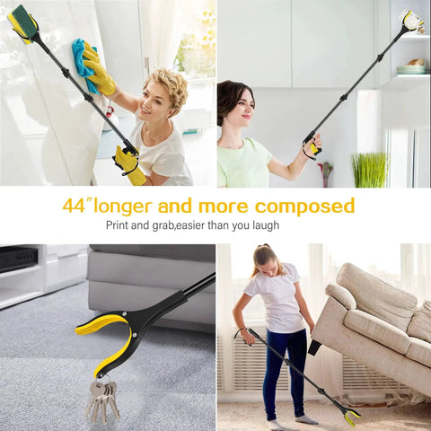 Women using Extra Long 44 Inch Grabber Reacher Tool For Seniors With Foldable Trash Pickup Magnetic Tips 360 Degree Rotating Anti Slip Jaw 4 Inch Wide Claw Opening Hand Grabber