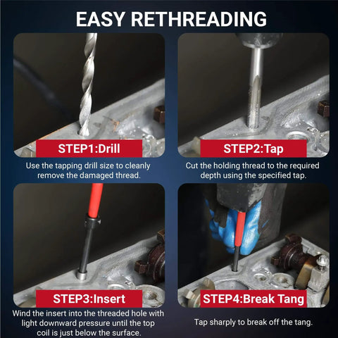 Easy rethreading steps using 320-Piece Thread Repair Kit For SAE And Metric Threads With HSS Drill Bits Taps 304SS Inserts And Break Off Pins