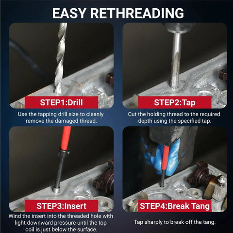 Four-step guide for using M10x1.0 Helicoil Thread Repair Kit For Rethreading Internal Threads, 15-Piece Set with tools.