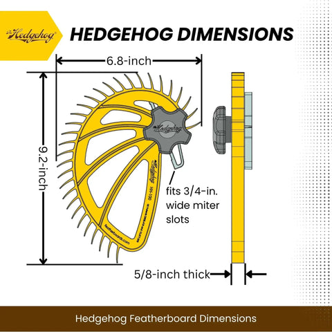 Diagram of Hedgehog Featherboard dimensions for table saws with quick one-handed adjustments, fits standard 3/4 inch miter slots.