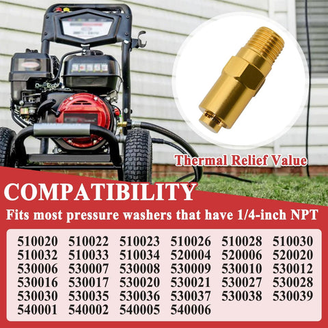 Zeiboat 7101359 brass thermal relief valve for gas pressure washers, 1/4 inch NPT, inset beside a gas-powered washer.