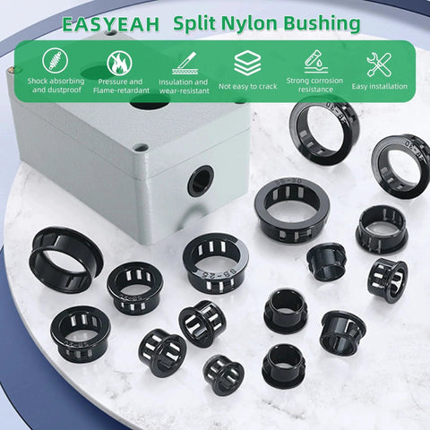 Snap-In Knockout Bushing Grommets 1/2 Inch Black Nylon Plastic Cable Hole Grommets for Wiring and Electrical Installations shown around a junction box