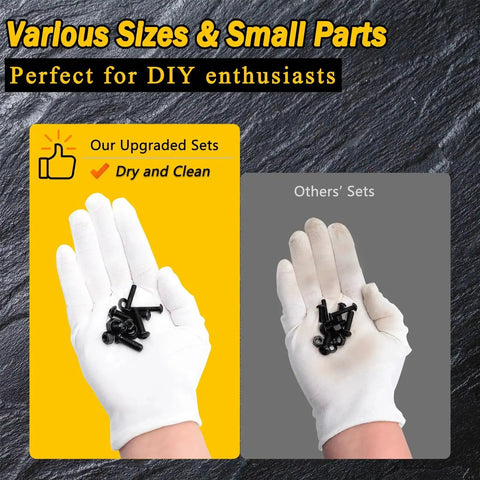 Comparison of M6 Hardware Kit 240 Pieces Built Tough Alloy Steel displayed in gloved hands, highlighting cleanliness and variety.
