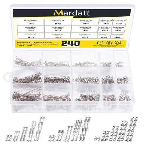 Mardatt 240-pc stainless steel compression springs assortment in case; OD 4/5/6 mm, length 10-50 mm, wire 0.3/0.4/0.5 mm.