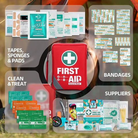 Compact 175 Piece First Aid Kit With Reflective Bag Design For Travel Home Office And Vehicle Use Includes Instant Cold Pack Emergency Blanket And Easy Grab Carry Pouch General Medi shown with supplies.