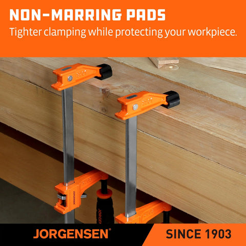 Jorgensen 2-pack orange steel bar clamps, 24-inch, with non-marring pads.
