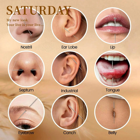 Various piercing types including nostril, ear lobe, lip, septum, industrial, tongue, eyebrow, conch, belly; usage of kit.